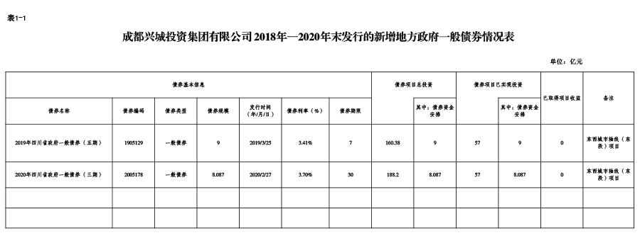 成都興城投資集團有限公司-2018年—2020年末發(fā)行的新增地方政府一般債券情況表